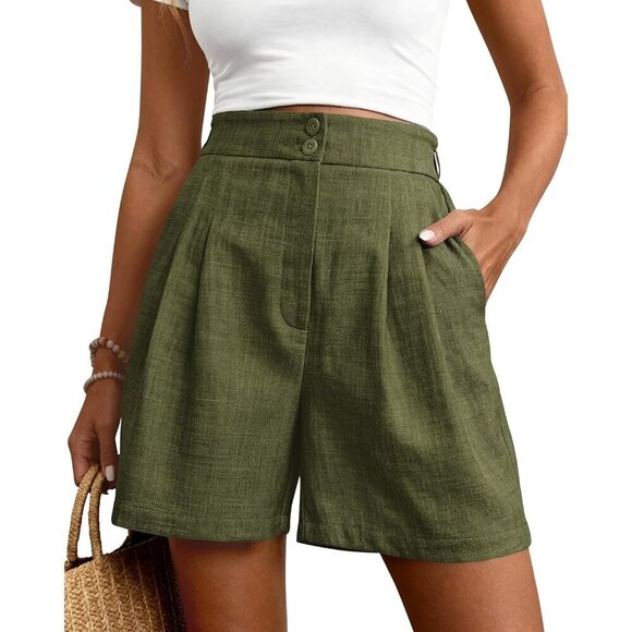 Pants - Women's Army Green Wide Leg Summer High Waisted Tailored Pleated Business Shorts
